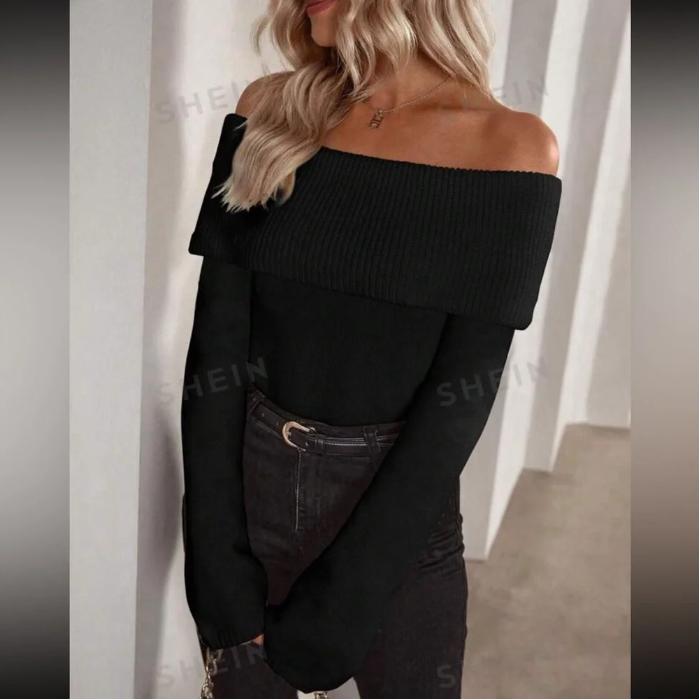 Off Shoulder Foldover Ribbed Knit Sweater - Picture 5 of 8